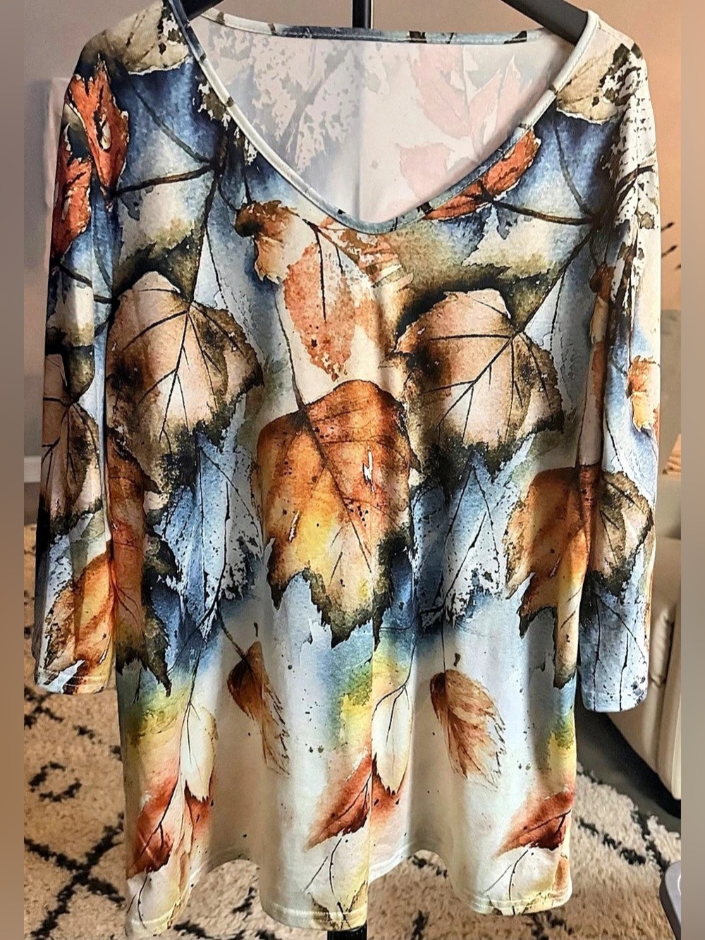 Abstract Leaf Print Long Sleeve Tunic 1XL